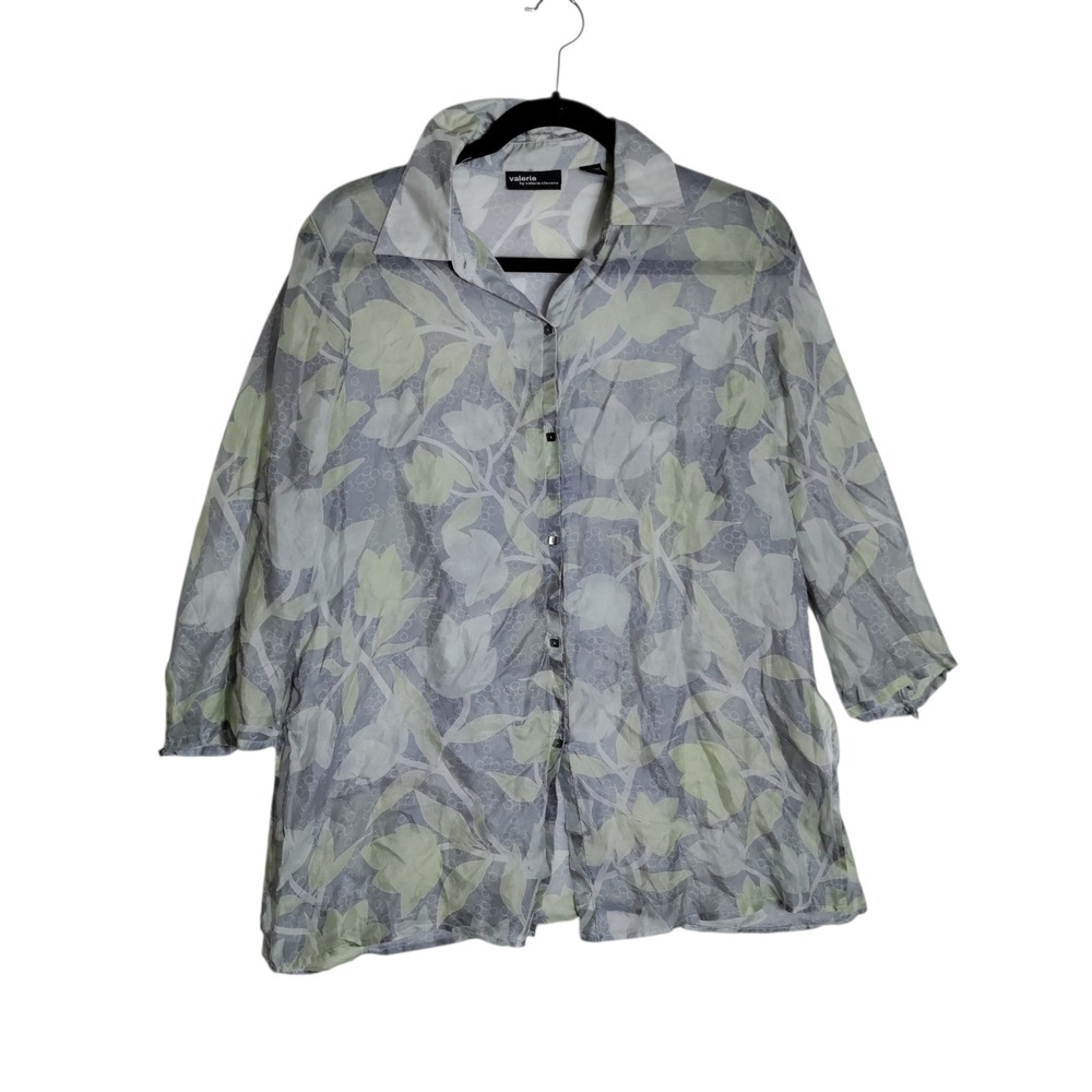 Valerie Stevens Womens 100% Silk Floral Button Down Blouse Sage Grey Size M